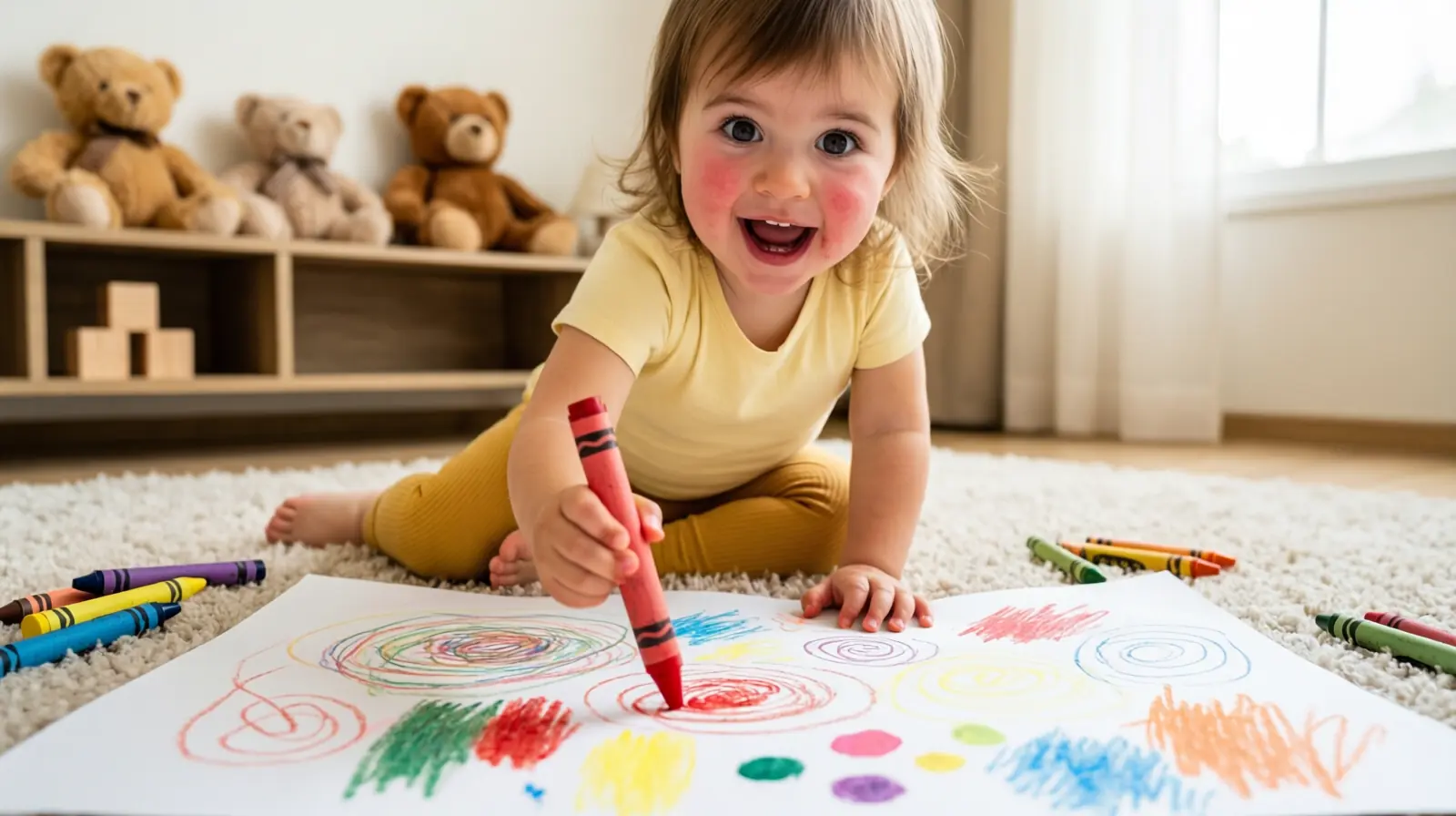A 2-year-old toddler scribbling happily with chunky crayons on paper on the floor