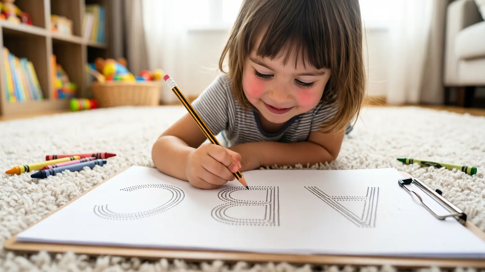 A 4-year-old child lying on their stomach on a soft rug, concentrating while tracing dotted letters on a worksheet propped on a clipboard, holding a thick triangular pencil in warm natural light