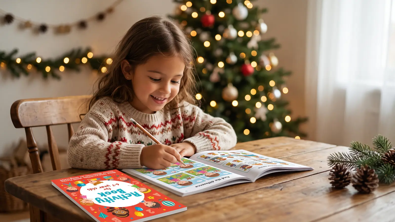 6–7-year-old child solving puzzles in the Smart Little Owl Activity Book at Christmas