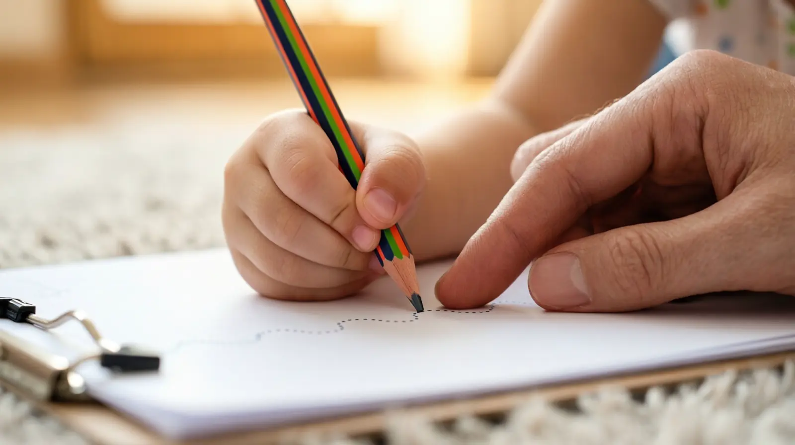A parent&rsquo;s hand gently guiding a child&rsquo;s hand as they trace a dotted line with a thick pencil