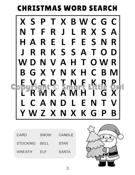 Christmas Activity Book for 7-Year-Olds - example page with Christmas word search