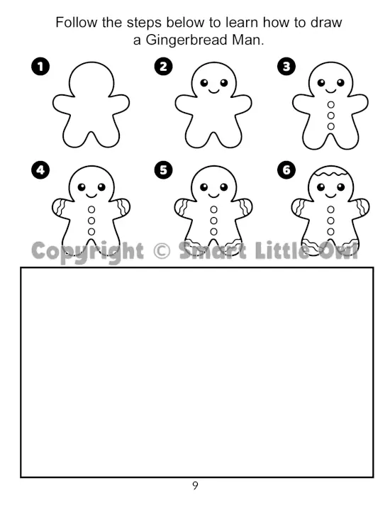 Christmas Activity Book for 7-Year-Olds - example page with step-by-step drawing gingerbread man