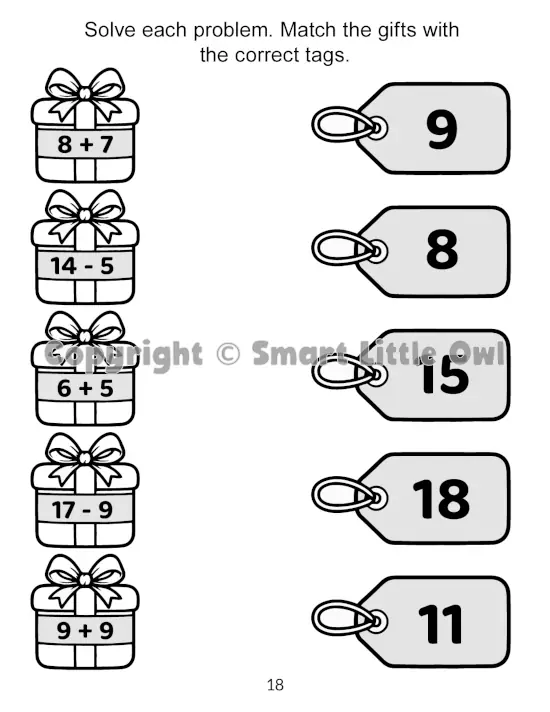 Christmas Activity Book for 7-Year-Olds - example page with addition and subtraction presents task