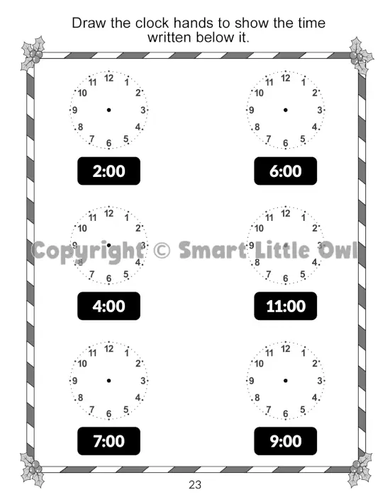 Christmas Activity Book for 7-Year-Olds - example page with telling the time task