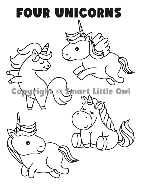 First Colouring Book For 1-3 Year Olds - example colouring page with four unicorns