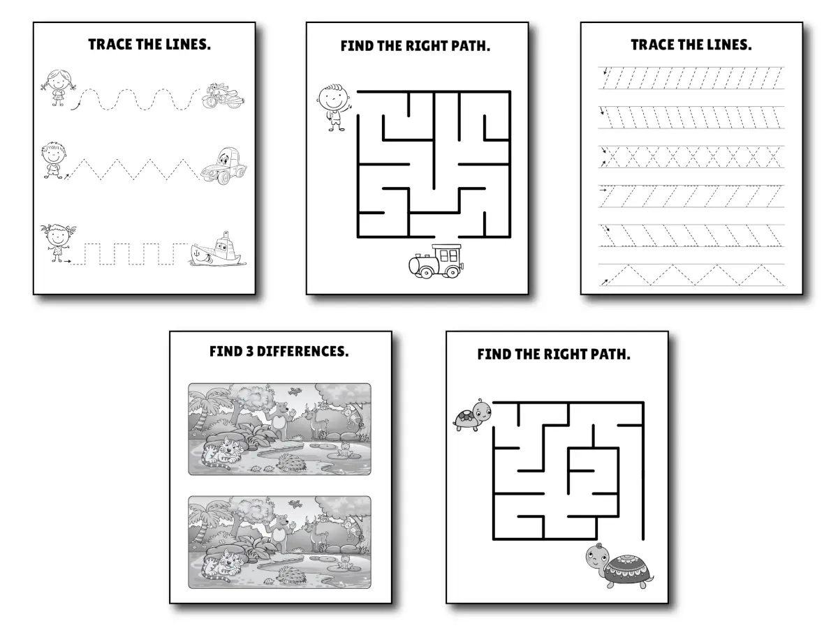 Free Activity Book Pages for 3-4 Year Olds (PDF Download) — preview of included pages