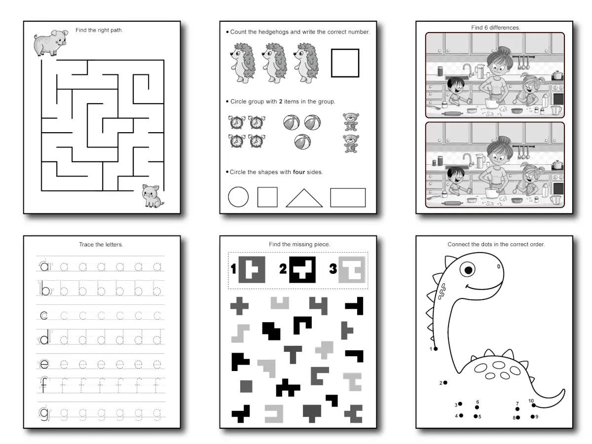 Free Activity Book Pages for 4-5 Year Olds (PDF Download) — preview of included pages