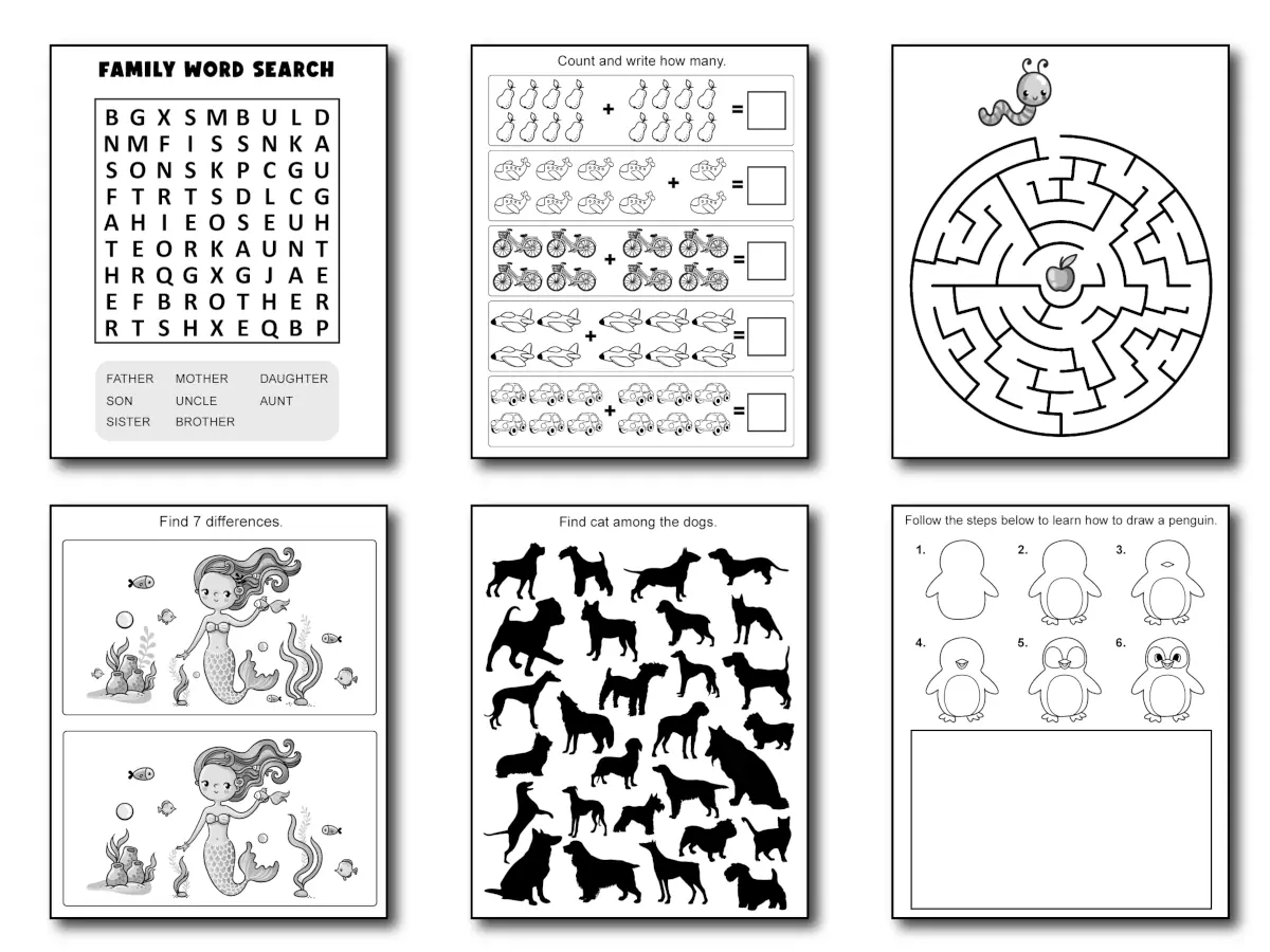 Free Activity Book Pages for 5-6 Year Olds (PDF Download) — preview of included pages